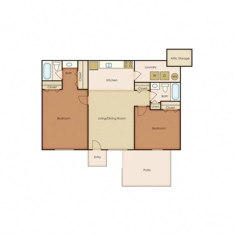 Floor plan for 2 beds, 2 baths, 864 sqft